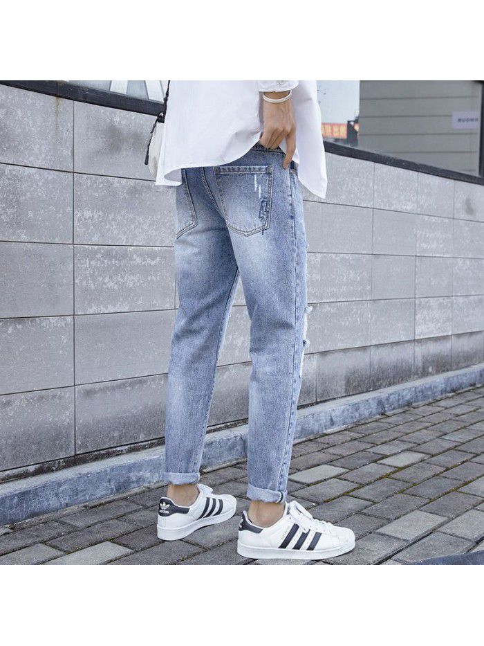 Spring and summer new men's trendy brand washed hole jeans men's Korean fashion casual slim pants 