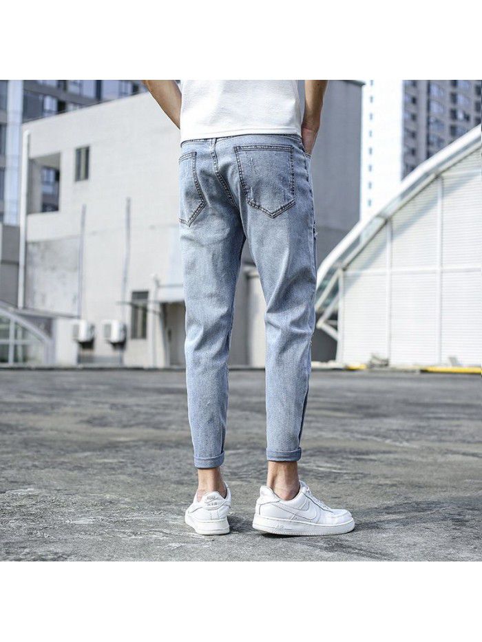 Spring and summer new fashion brand jeans men's Korean slim hole Leggings men's fashion casual elastic pants 