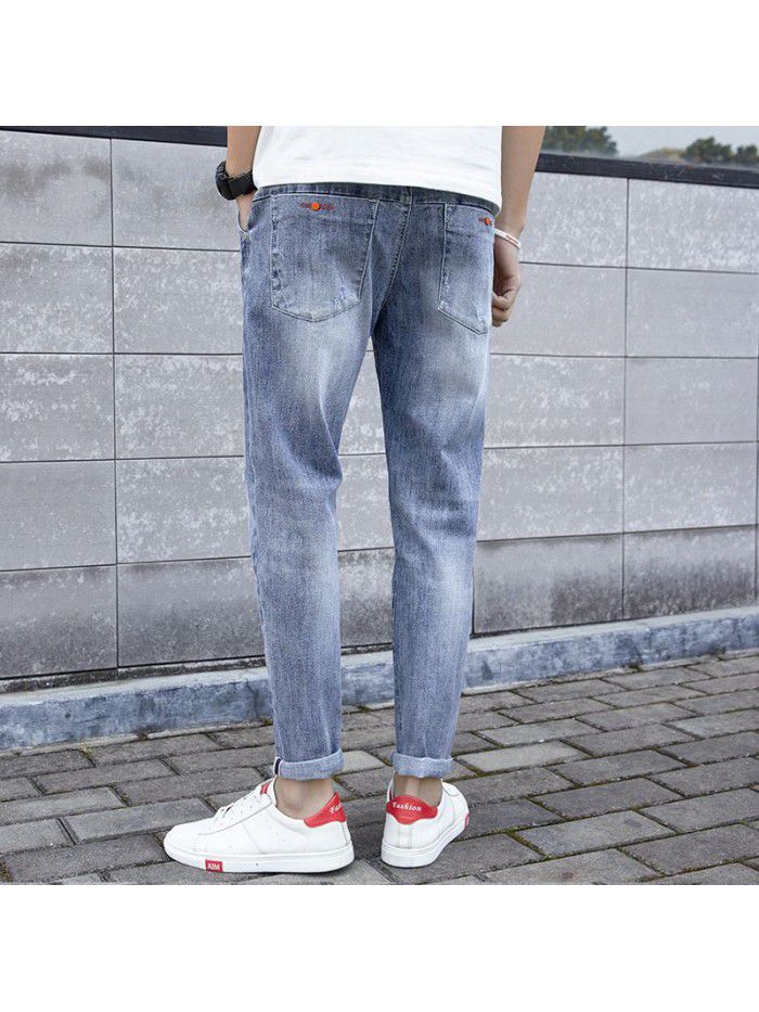 Spring and summer new jeans men's Korean slim fit elastic pants men's trend youth casual pants 