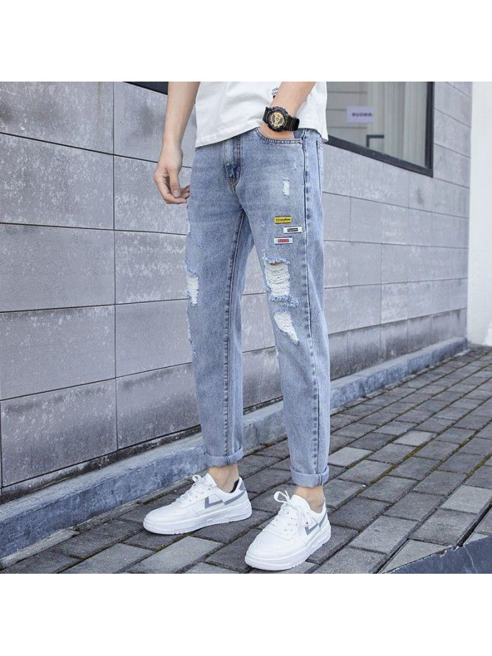 Chao brand water washed perforated jeans men's spring and summer new Korean slim Leggings men's youth casual Capris 