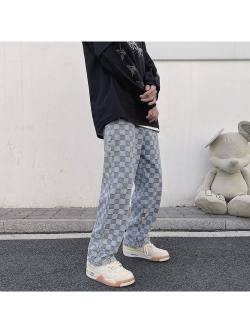 spring and summer new Plaid jeans men's loose...