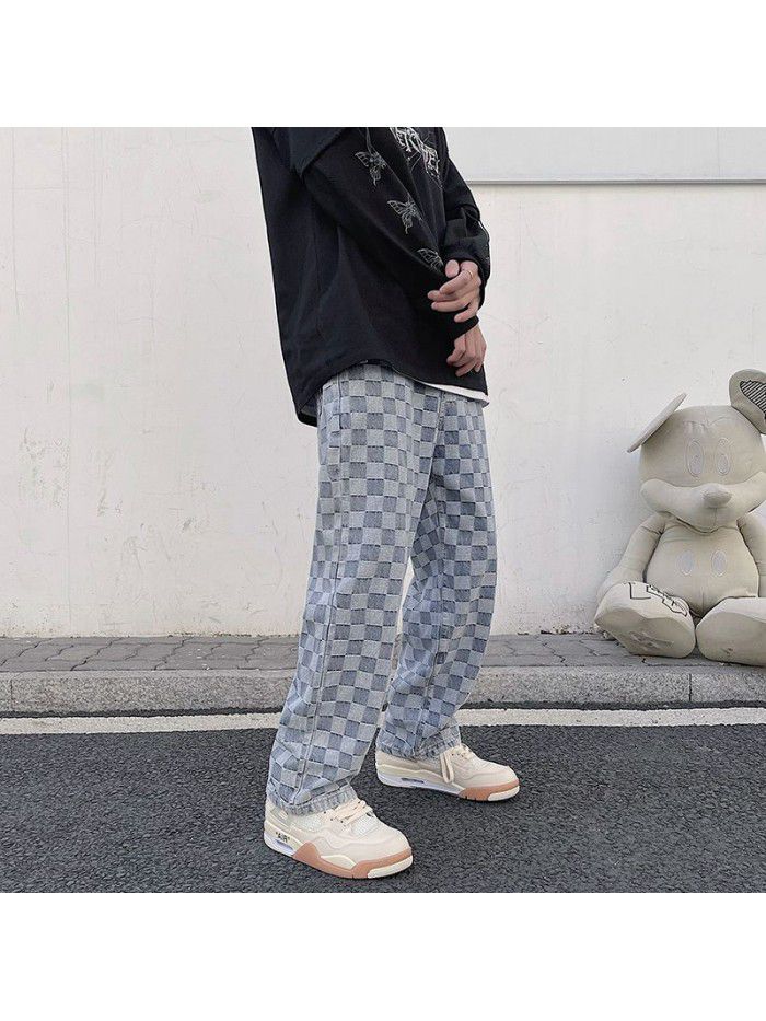 spring and summer new Plaid jeans men's loose straight pants net red street hip hop wide leg skateboarding pants 