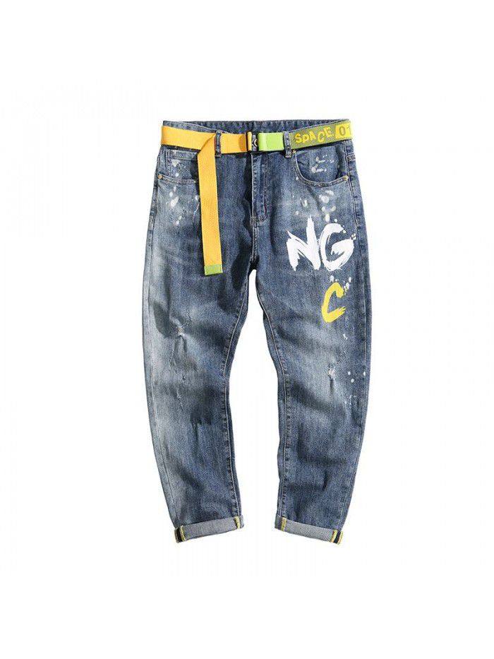  spring and summer new jeans men's loose size Leggings men's trend casual stretch Harlan Capris 