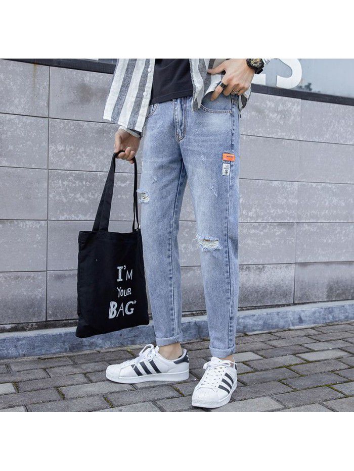 Chao brand washed jeans men's spring and summer new Korean slim Leggings men's youth fashion casual Capris 