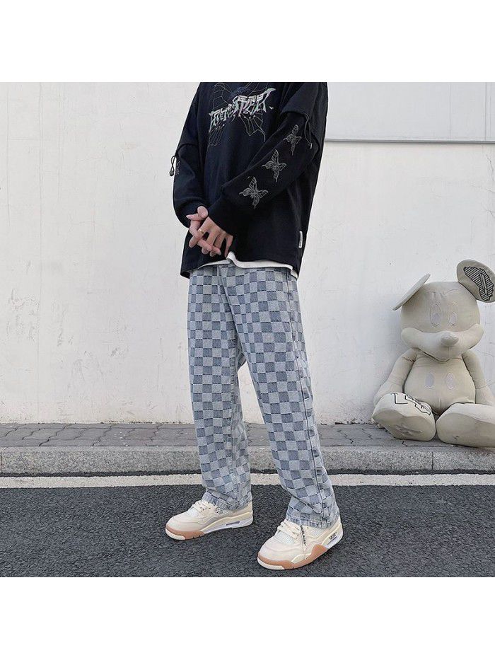 spring and summer new Plaid jeans men's loose straight pants net red street hip hop wide leg skateboarding pants 