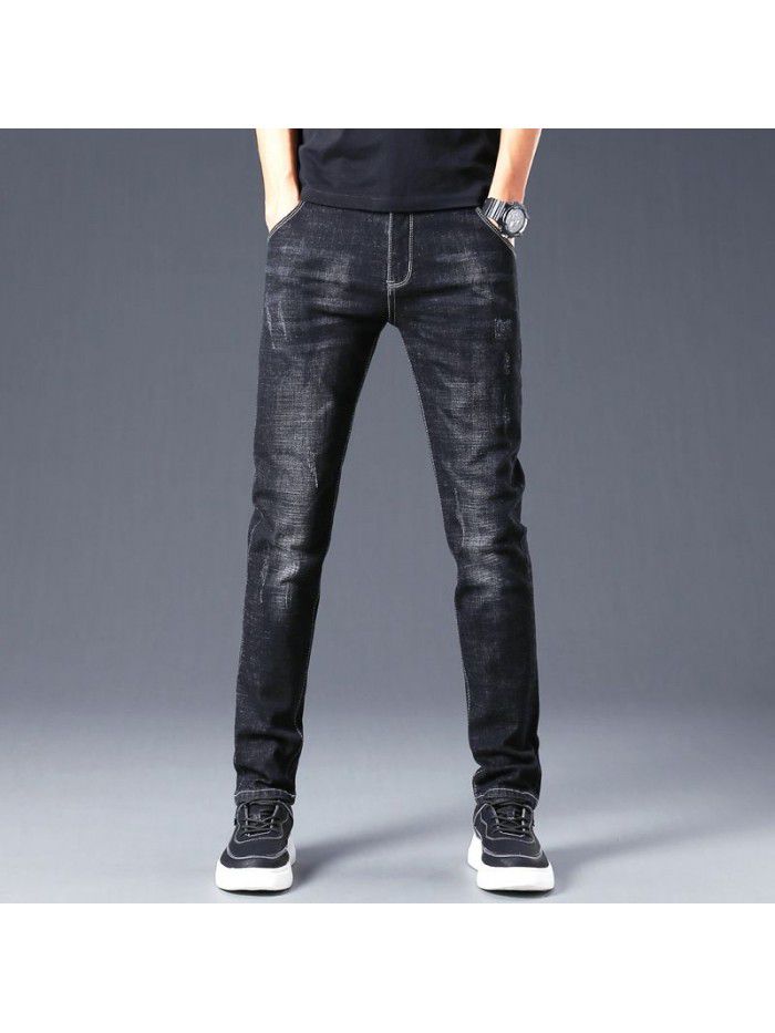Spring and summer new fashion brand slim fit small leg jeans men's youth fashion trend Korean leisure stretch pants 