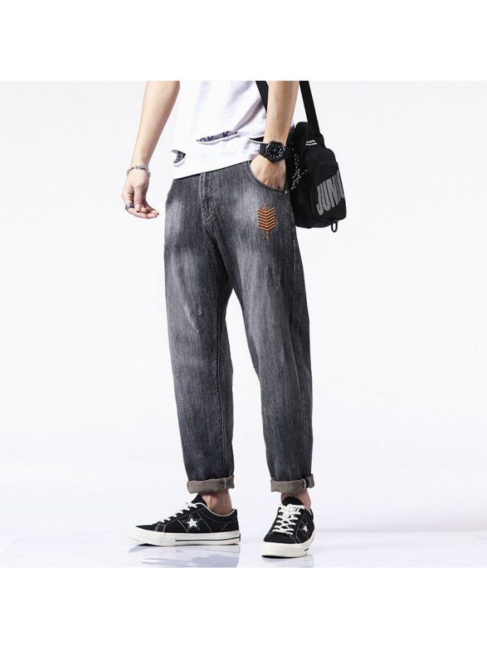 Spring and summer new embroidered stretch jeans men's fashion brand loose straight pants men's Korean casual harem Capris 