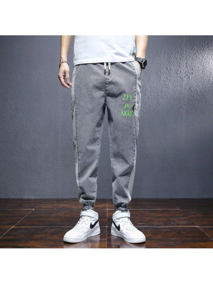 spring and summer new jeans men's fashion brand drawstring slim Korean men's youth leisure stretch pants 
