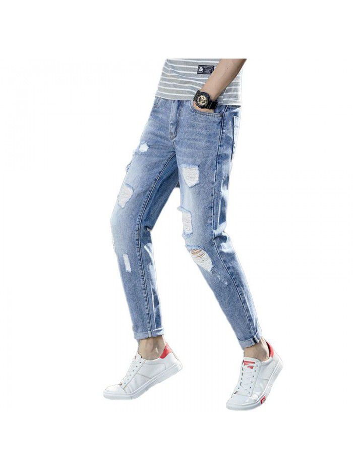 Spring and summer new fashion brand pierced jeans men's Korean casual Leggings men's fashion youth casual Capris 