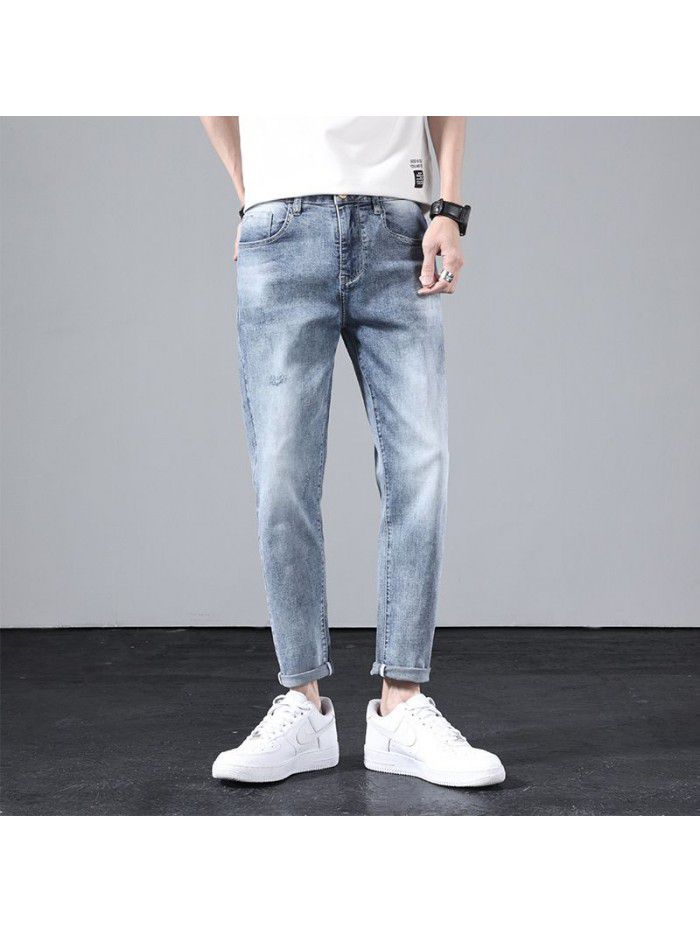 Jeans men's fashion brand new spring loose straight pants men's youth Korean leisure Harlan stretch Capris 