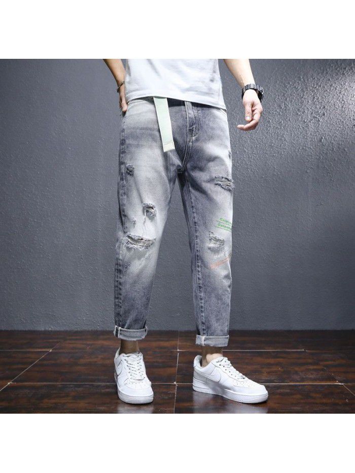  spring new perforated jeans men's fashion brand loose straight pants men's youth casual Capris 