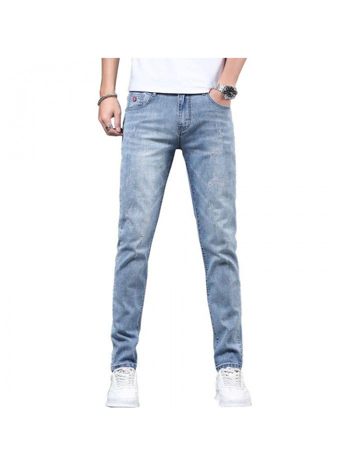Washed stretch jeans men's spring and summer new fashion brand Korean slim Leggings men's trend youth leisure pants 