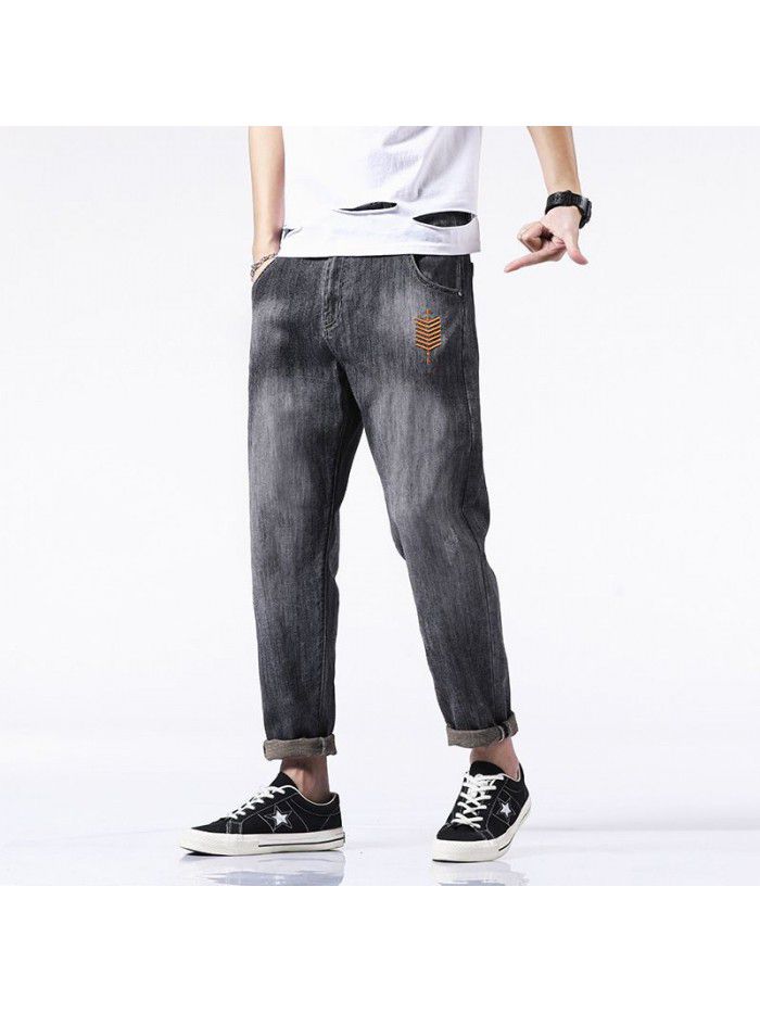 Spring and summer new embroidered stretch jeans men's fashion brand loose straight pants men's Korean casual harem Capris 