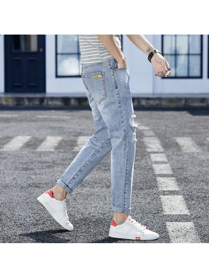 New jeans in spring and summer, men's fashion brand, Korean version, hole and slim leggings, men's fashion, youth casual pants 
