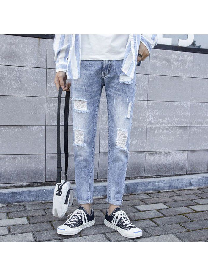  spring and summer new perforated jeans men's Korean slim Leggings men's trend youth casual Capris 