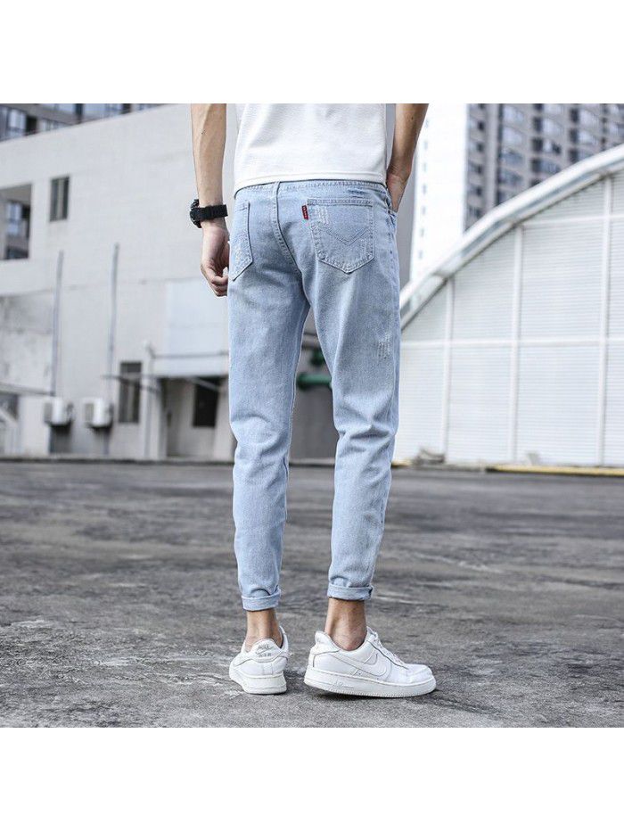 Spring and summer  new fashion brand jeans men's Korean slim Leggings men's trend youth casual Capris 