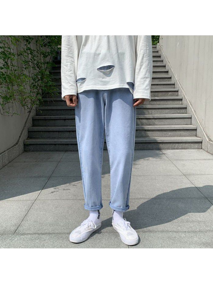 Men's fashion brand washed jeans men's trend loose straight wide leg Harem Pants men's Korean casual daddy pants 