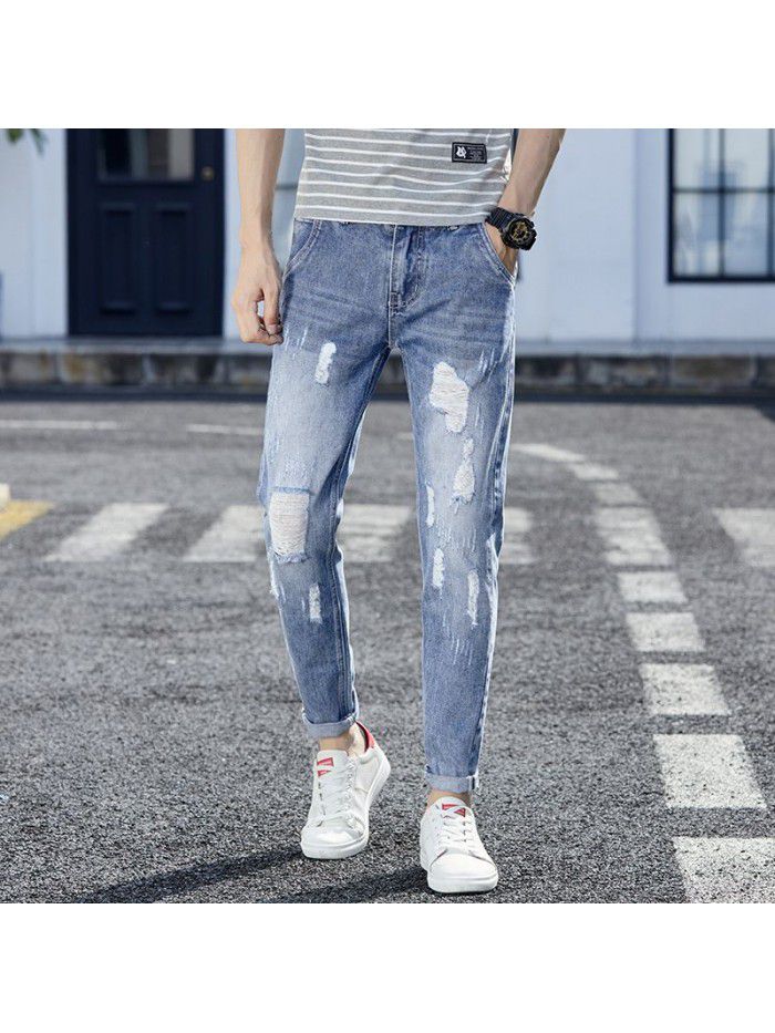 Men's jeans with holes spring summer fashion Korean slim fit pants men's youth leisure harem Capris 