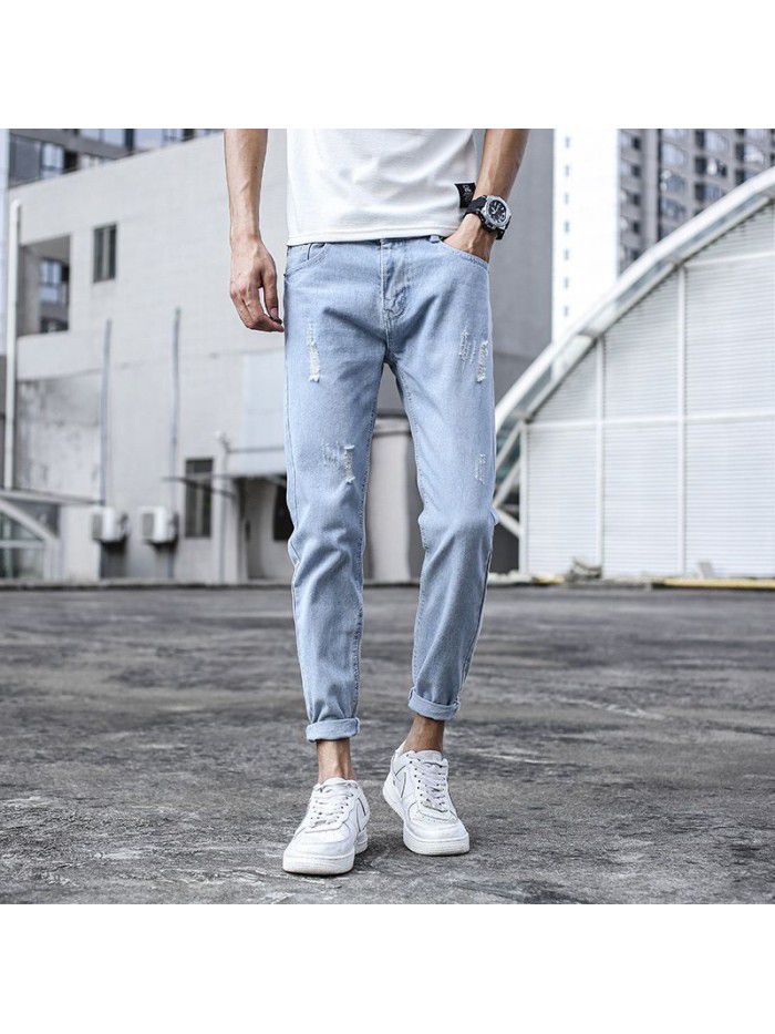Spring and summer  new fashion brand jeans men's Korean slim Leggings men's trend youth casual Capris 