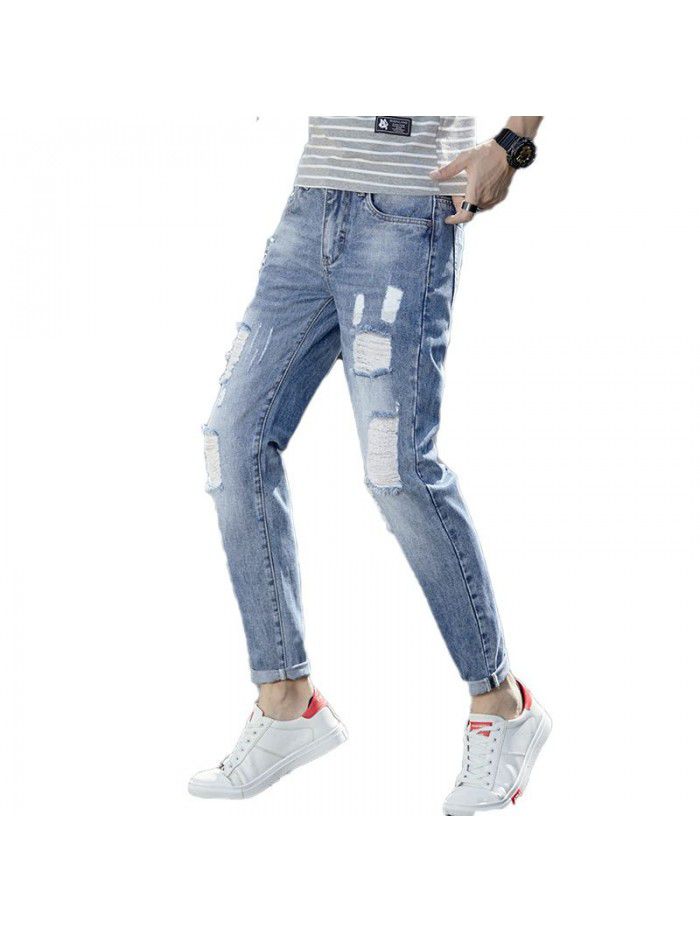Spring and summer fashion brand jeans men's slim fit Korean leg pants men's youth trend holed casual harem Capris 