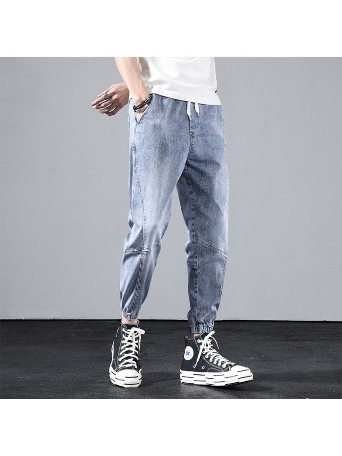 Spring and summer new jeans men's elastic waist loose feet men's youth leisure corset Harun Capris 