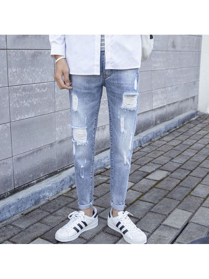 Spring and summer new men's trendy brand washed hole jeans men's Korean fashion casual slim pants 