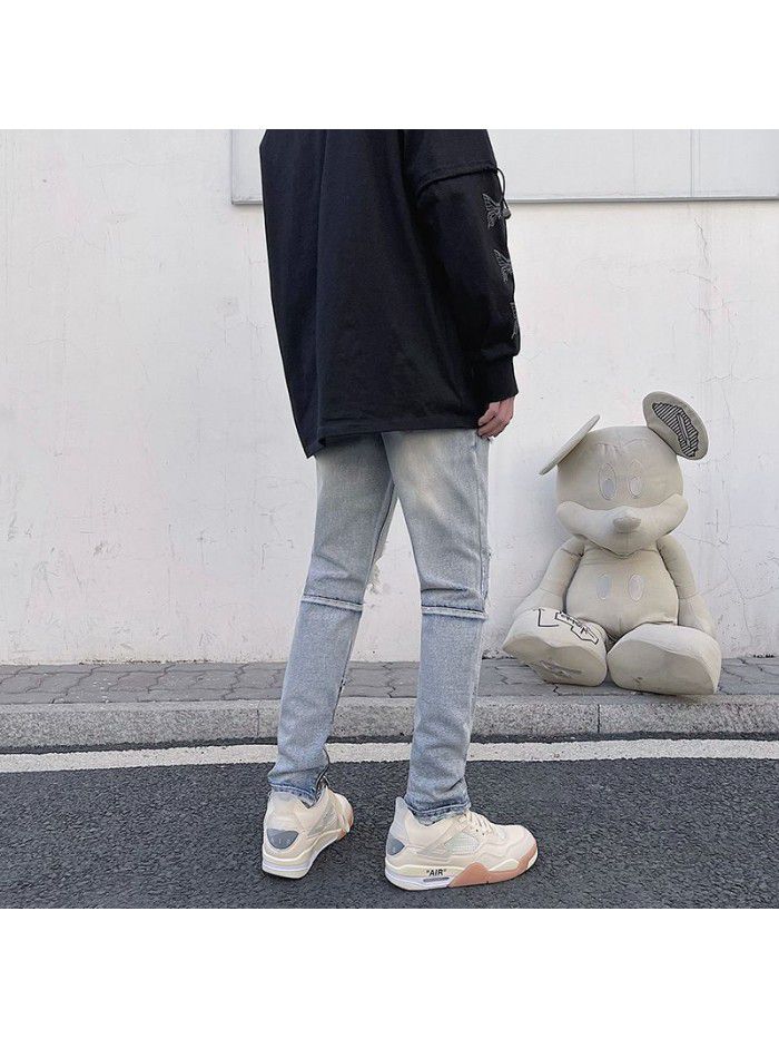 New washed jeans in spring and summer of  men's Korean fashion hole retro fit casual straight pants 