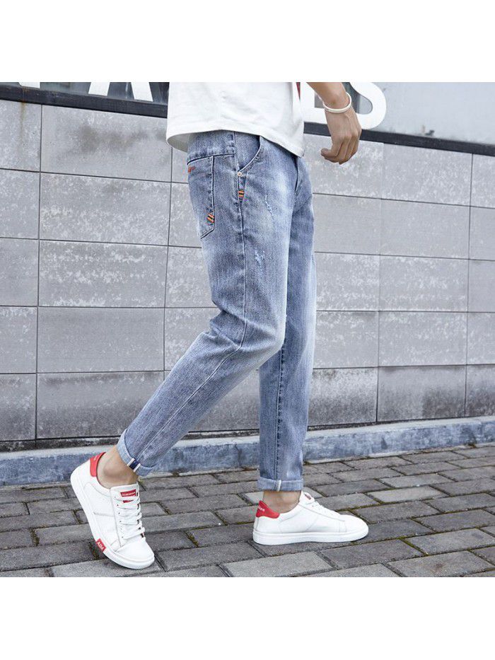 Spring and summer new jeans men's Korean slim fit elastic pants men's trend youth casual pants 