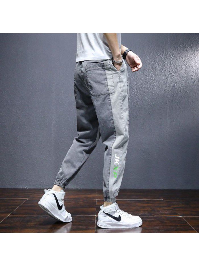 spring and summer new jeans men's fashion brand drawstring slim Korean men's youth leisure stretch pants 