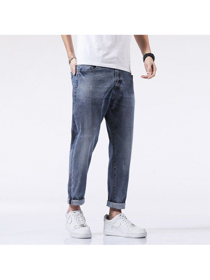 Spring and summer new jeans men's fashion brand loose straight tube Harem Pants men's fashion youth leisure elastic Capris 