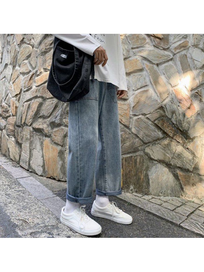 Loose fitting straight jeans men's fashion brand spring and summer new wide leg pants men's youth Korean leisure Harem Pants 