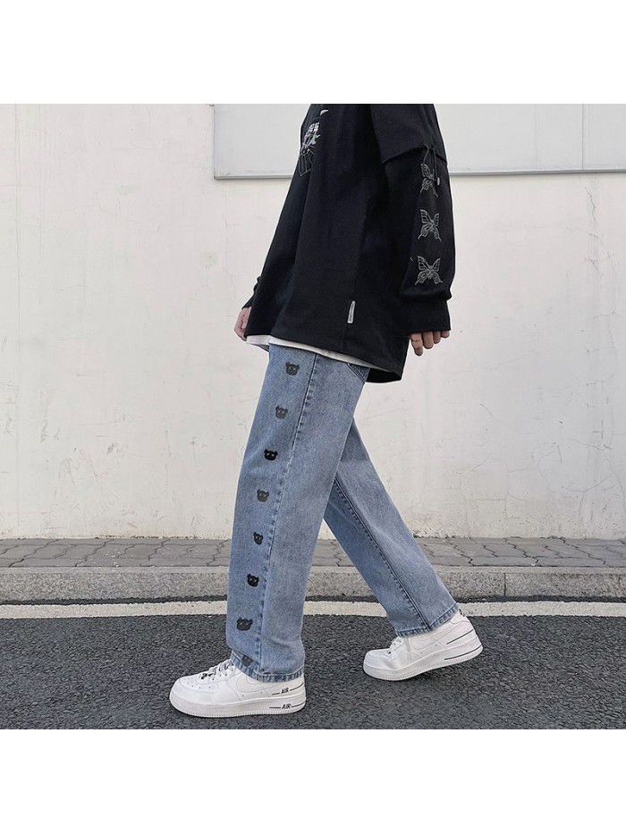 Spring and summer  new jeans men's loose and straight pants men's trend youth leisure leg pants 