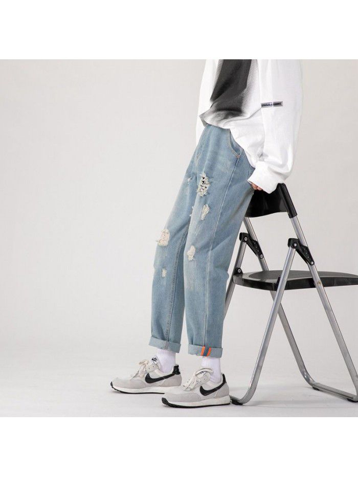 Spring and summer new fashion brand hole jeans men's loose straight tube Harem Pants men's trend casual wide leg daddy pants 