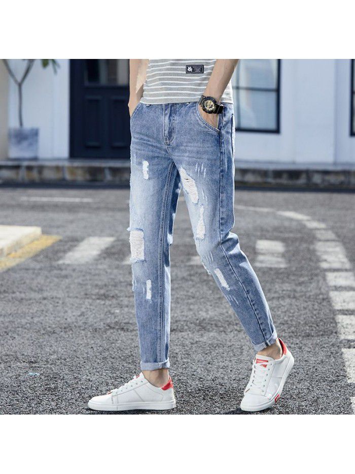 Men's jeans with holes spring summer fashion Korean slim fit pants men's youth leisure harem Capris 