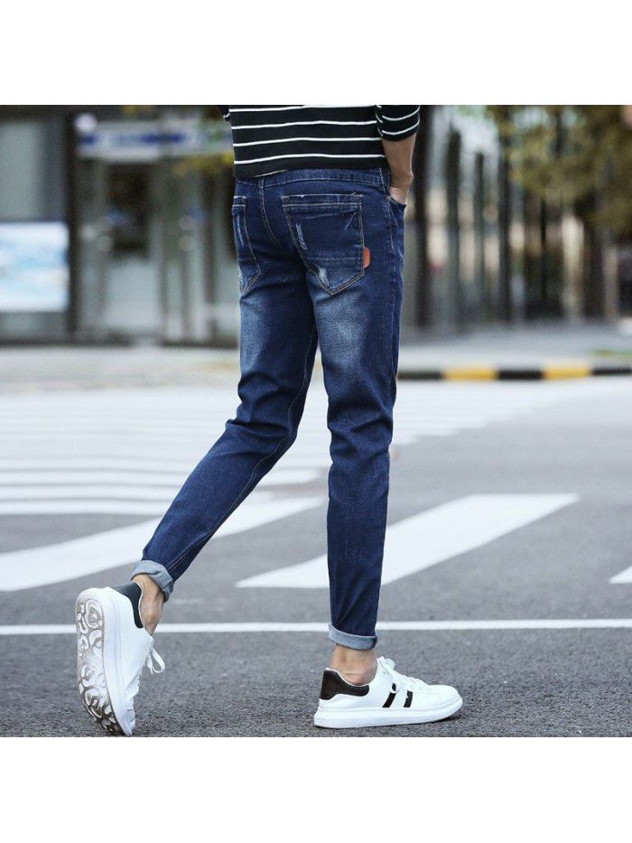 Stretch leg jeans men's fashion Korean slim wash pants men's fashion simple casual pants 