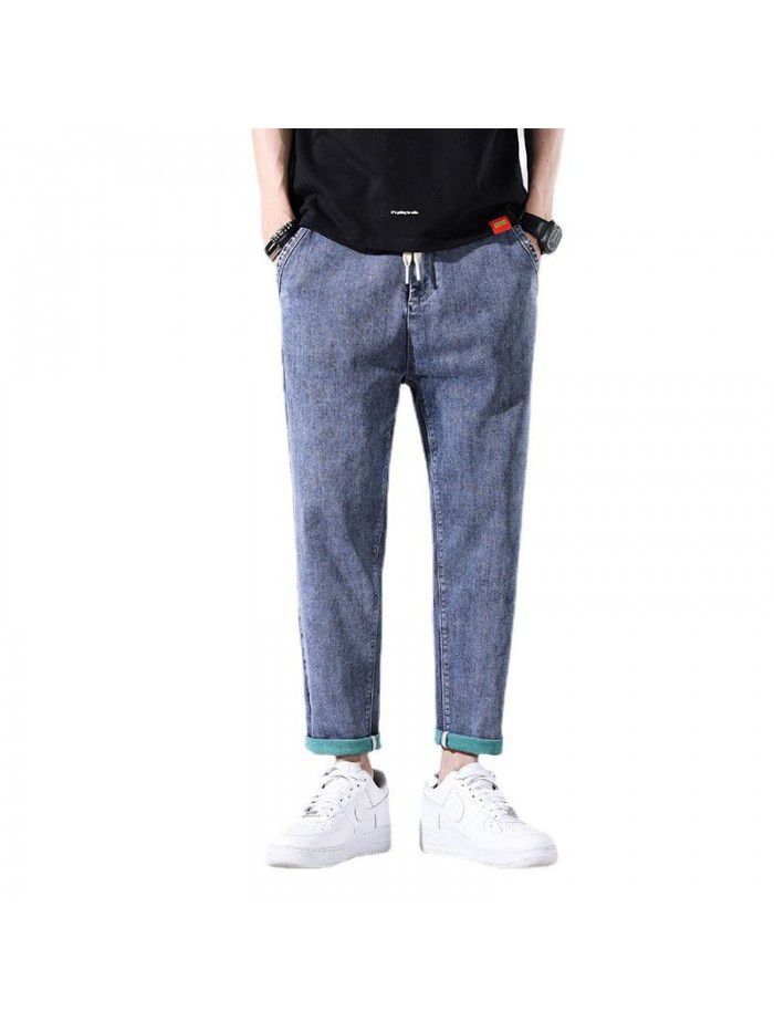 Spring and summer new jeans men's fashion brand loose straight pants men's youth Korean fashion casual stretch Capris 