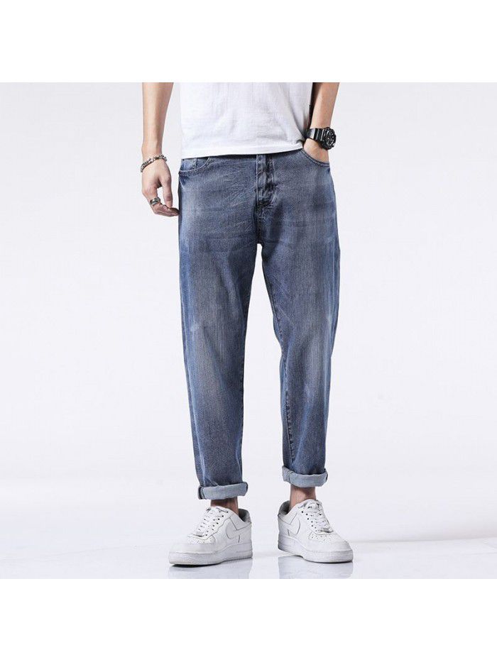 Spring and summer new jeans men's fashion brand loose straight tube Harem Pants men's fashion youth leisure elastic Capris 
