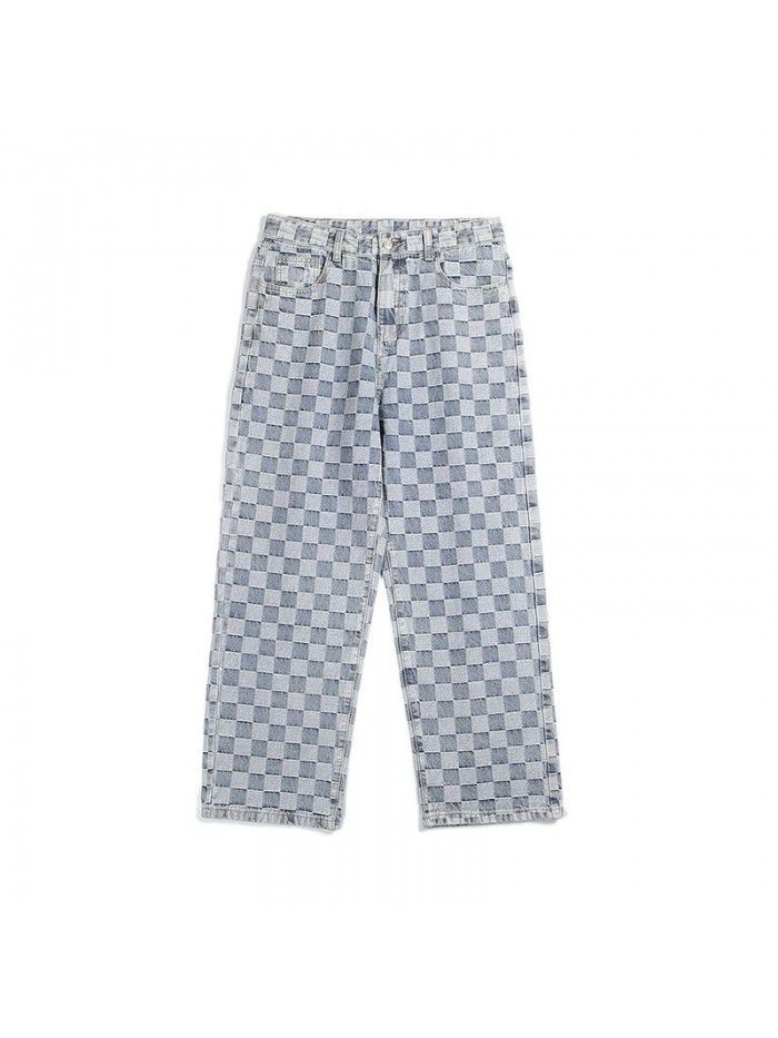 spring and summer new Plaid jeans men's loose straight pants net red street hip hop wide leg skateboarding pants 