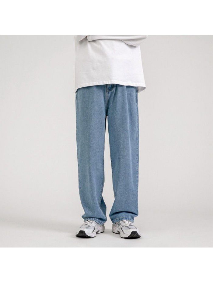 Spring and summer new jeans men's fashion brand loose straight tube wide leg pants men's fashion Korean casual daddy pants 