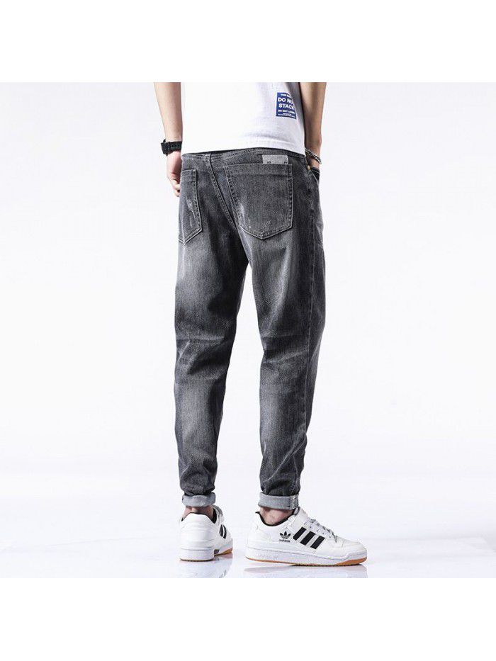 Spring and summer new jeans men's fashion brand loose feet Harlan pants men's Korean fashion casual stretch Capris 