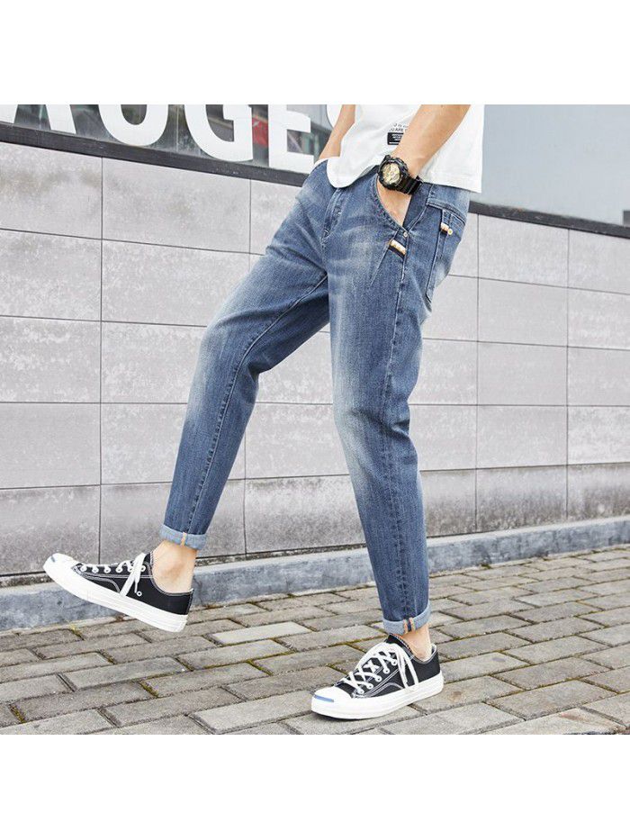 Men's slim jeans spring and summer  new fashion brand Korean leisure trend elastic wash leg Capris 