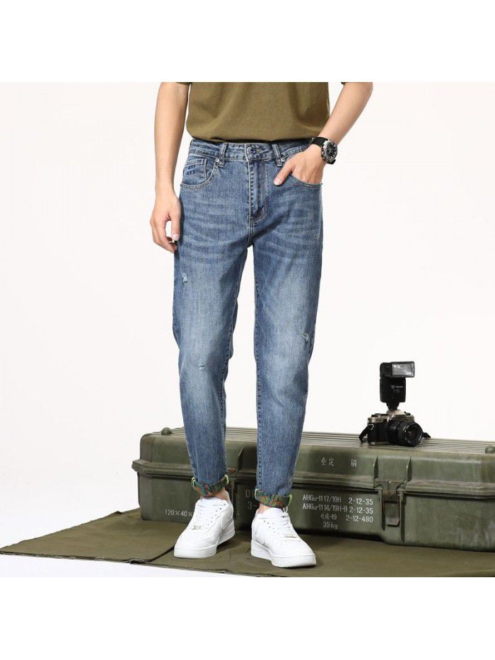 Cross border fashion brand jeans men's slim elastic Leggings Korean fashion leisure youth Capris men 