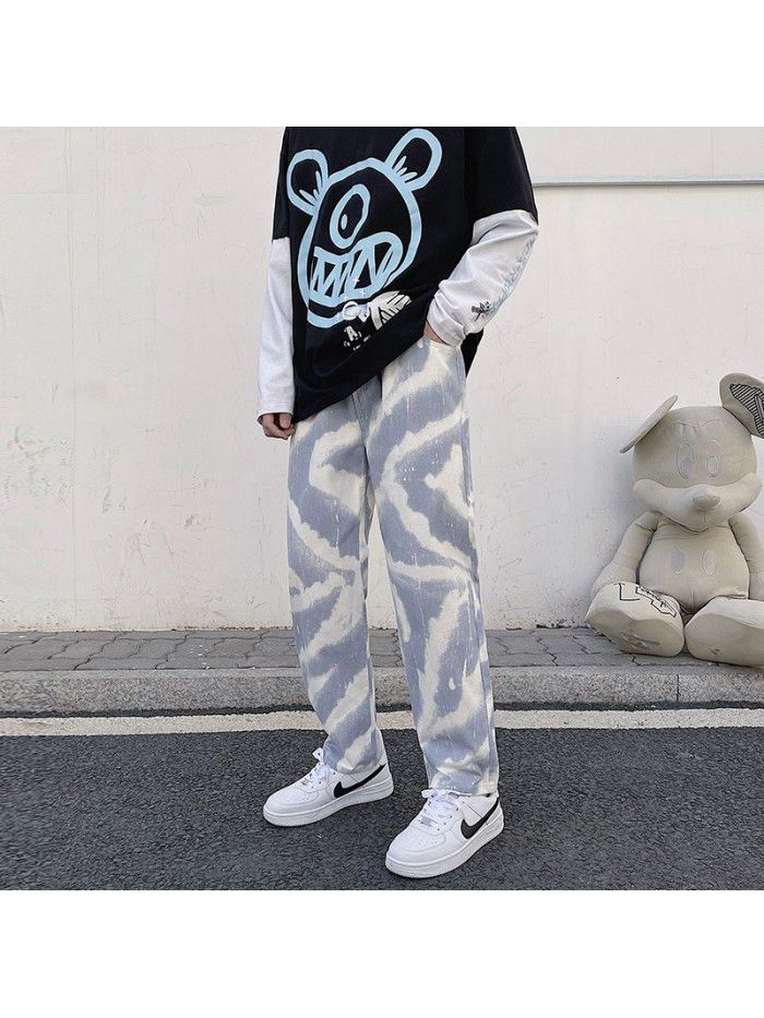 spring and summer new jeans men's trend loose straight hip hop Street elastic waist Hong Kong style wide leg pants 