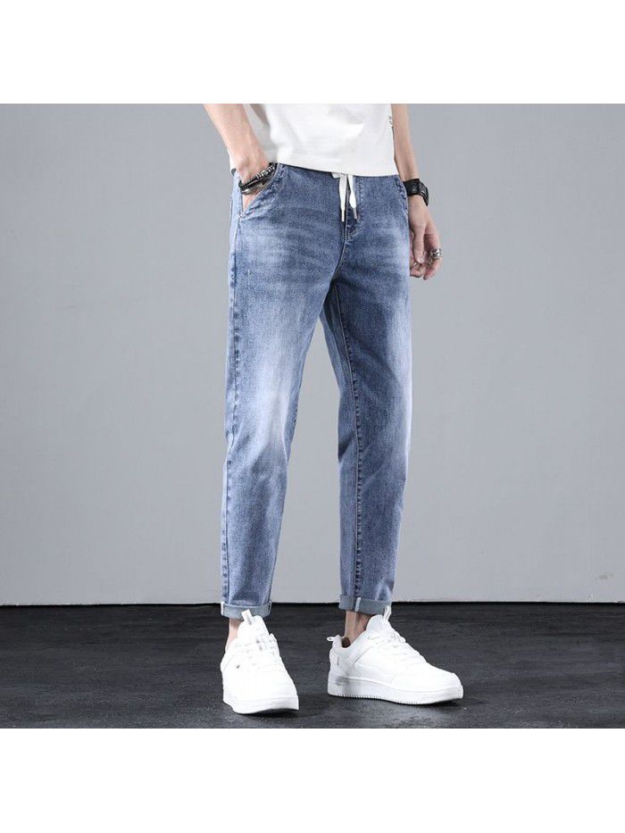 Spring and summer new fashion brand jeans men's slim straight pants men's youth fashion leisure Harlan stretch pants 