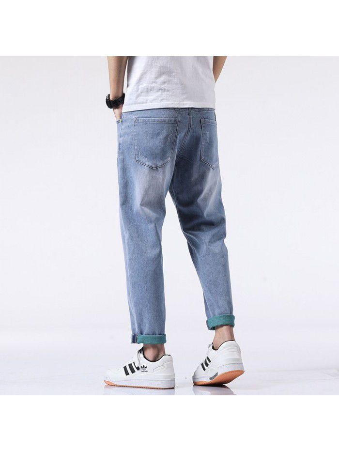 Spring and summer new fashion brand jeans men's loose straight tube Harem Pants men's fashion youth leisure elastic Capris 