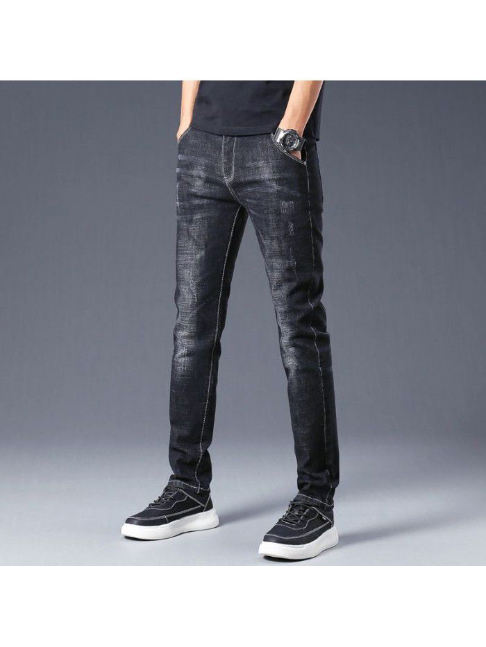 Spring and summer new fashion brand slim fit small leg jeans men's youth fashion trend Korean leisure stretch pants 