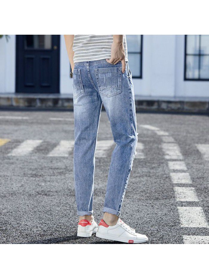 Men's jeans with holes spring summer fashion Korean slim fit pants men's youth leisure harem Capris 