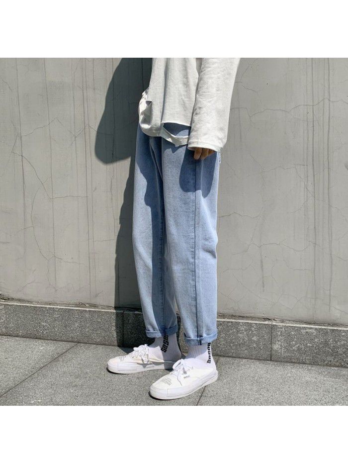 Men's fashion brand washed jeans men's trend loose straight wide leg Harem Pants men's Korean casual daddy pants 