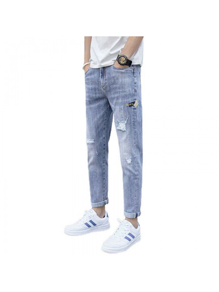 Trendy brand washed jeans with holes men's slim fit and small feet Korean fashion casual Capris new style in spring and summer 