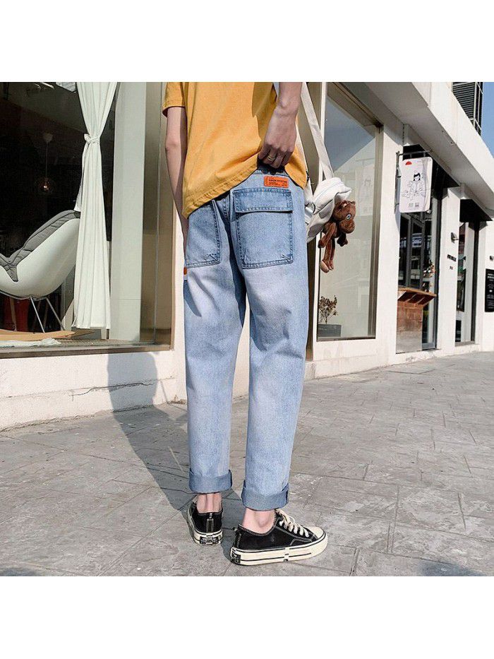 Spring and summer new jeans men's Hong Kong style trend retro straight tube loose hole washed Harlan pants wide leg pants 